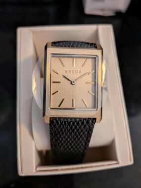 Breda Men’s Black Leather Strap Gold-Tone Square Watch